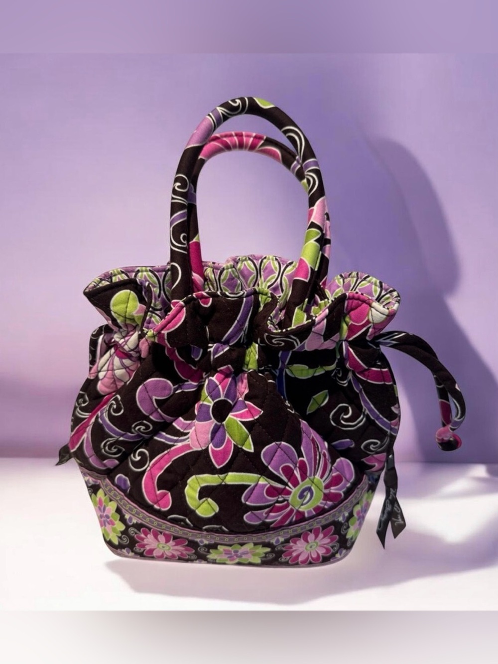 Vera Bradley Brown Quilted Floral Drawstring Tote with Pink and Lime Accents